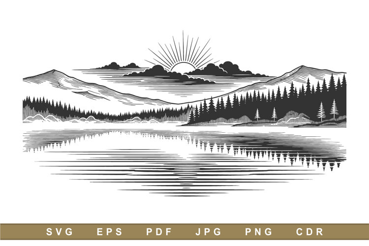 Vintage Engraved Mountain Lake Landscape with Pine Forest example image 1