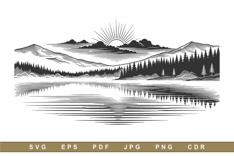 Vintage Engraved Mountain Lake Landscape with Pine Forest