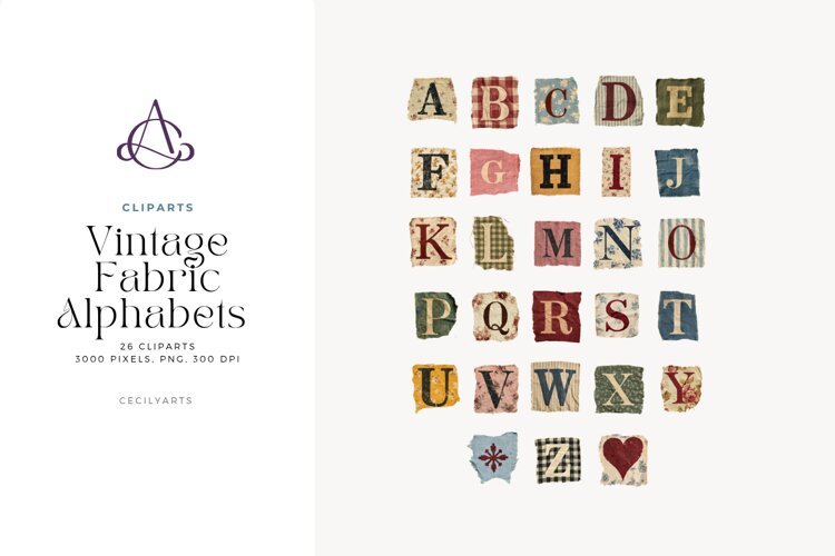 Vintage Fabric Uppercase Alphabet 26 PNG Cliparts example image 1
