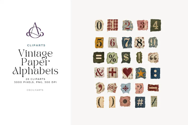 Vintage Fabric Numbers & Symbols 28 PNG Cliparts