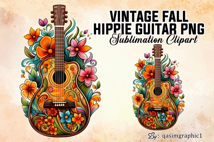 Vintage Fall Hippie Guitar PNG, fall sublimation