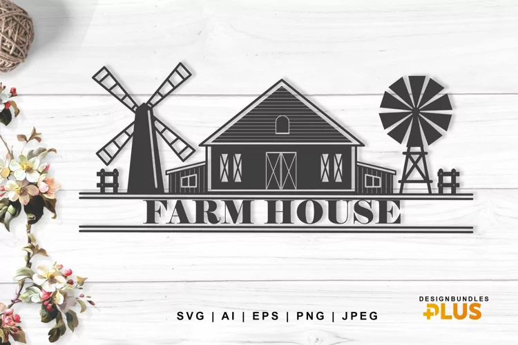 Farmhouse and Windmill Image with Text Under, SVG Design
