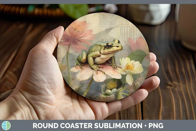 Vintage Farm Bullfrog Round Coaster Sublimation Coaster Desi