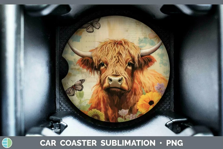 Vintage Farm Highland Cow Car Coaster Sublimation Coaster De