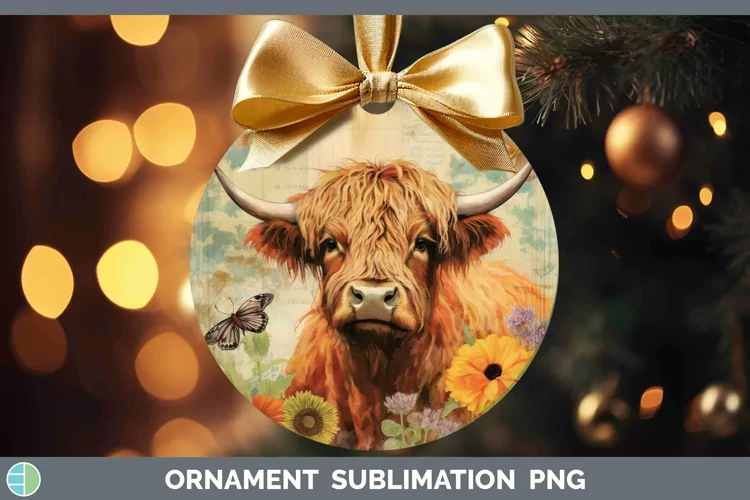 Vintage Farm Highland Cow Ornament Sublimation Bauble Design