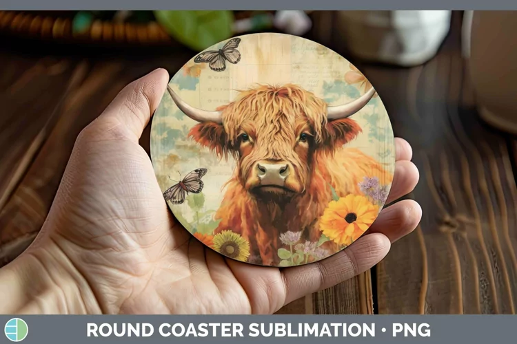 Vintage Farm Highland Cow Round Coaster Sublimation Coaster