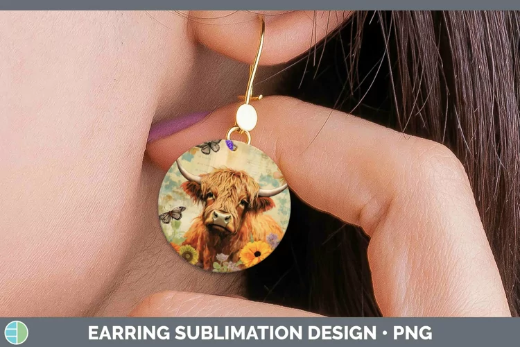 Vintage Farm Highland Cow Round Earrings Sublimation Earring