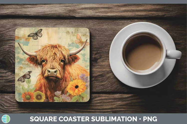 Vintage Farm Highland Cow Square Coaster Sublimation Coaster