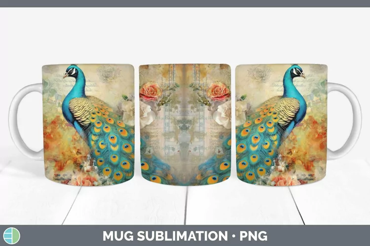 Vintage Farm Peacock Mug Wrap Sublimation Coffee Cup Designs