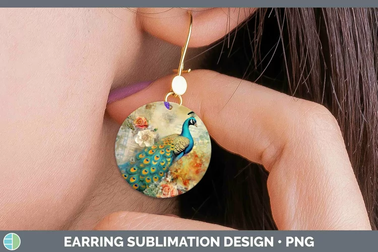 Vintage Farm Peacock Round Earrings Sublimation Earrings Des