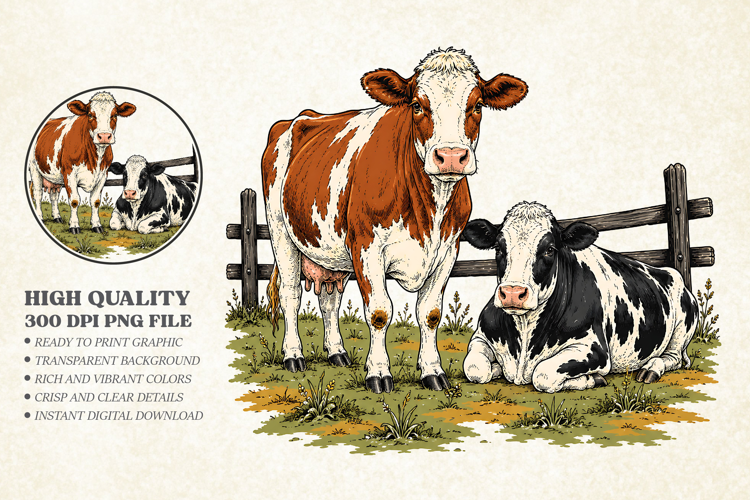 Vintage Farmhouse Cows Fence Design PNG, Country Cattle
