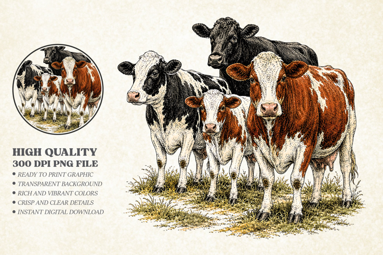 Vintage Farmhouse Cows Group Design PNG, Country Cattle
