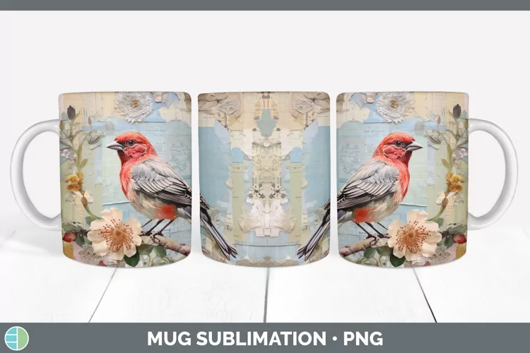 Vintage Finch Bird Mug Wrap | Sublimation Coffee Cup Designs