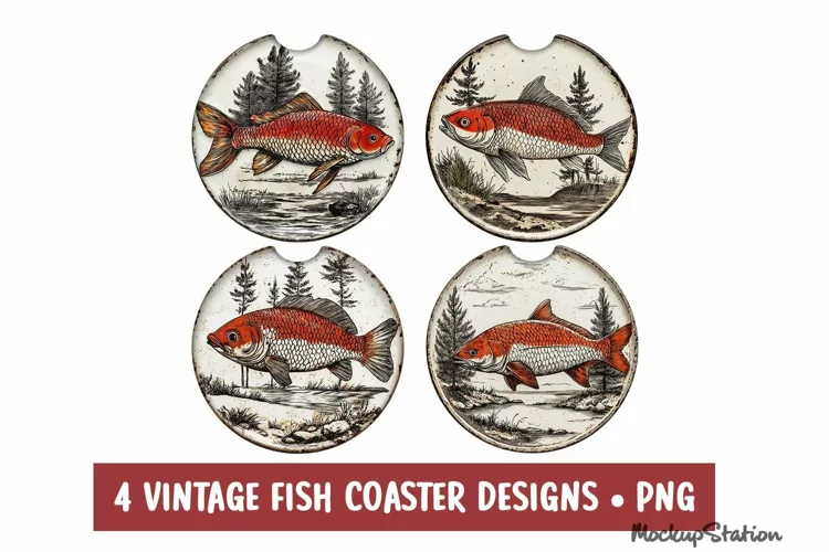 Fishing Car Coaster PNG, Vintage Fish Round Sublimation