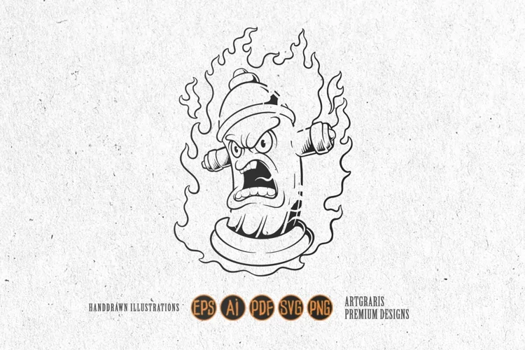 Vintage flaming fire hydrant logo illustrations monochrome