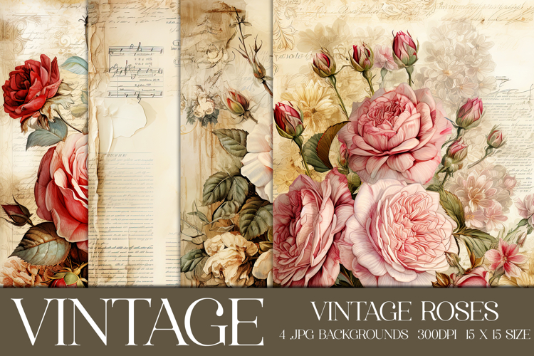 Vintage Roses Background, Junk Journal Floral Papers, s15