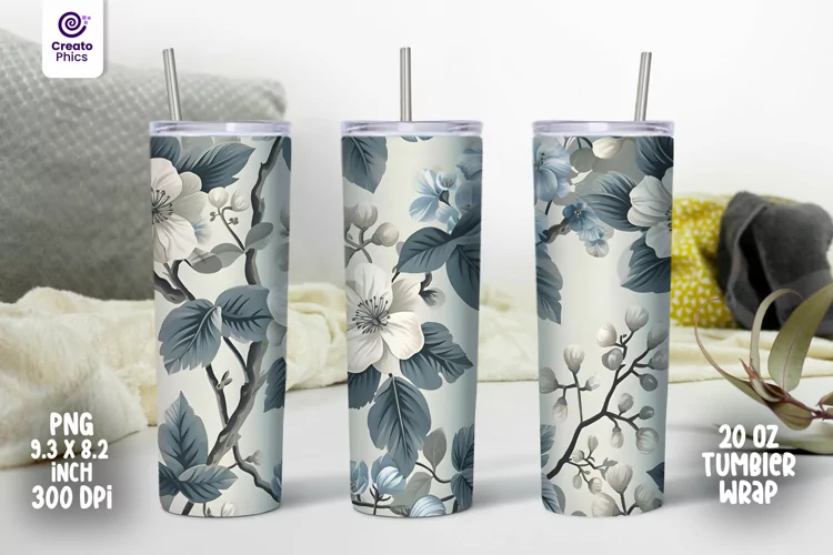 vintage floral 20 oz tumbler wrap ocean blue sublimation PNG