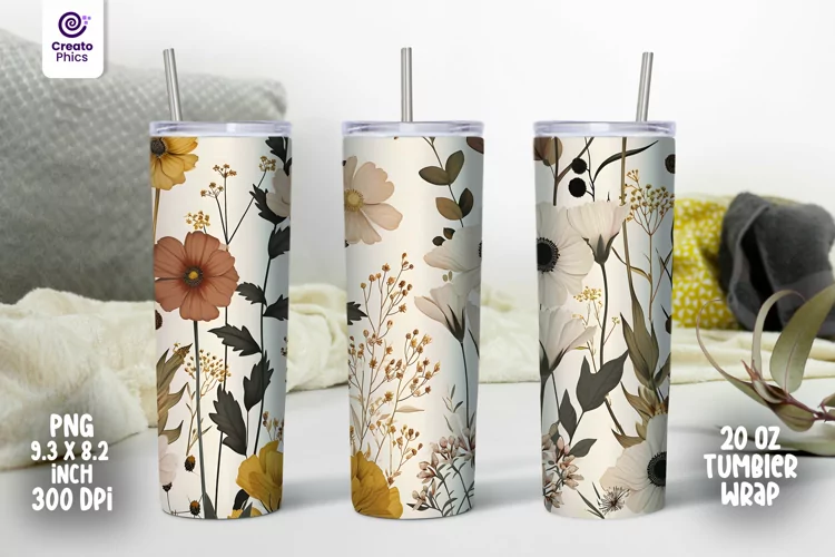 vintage floral 20 oz tumbler wrap ocean blue sublimation PNG