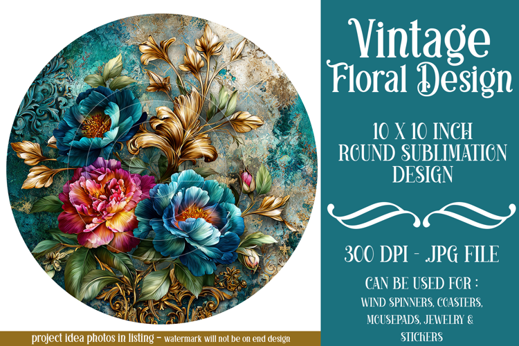 Vintage Floral Round Design, 10x10 Round Sublimation, d14