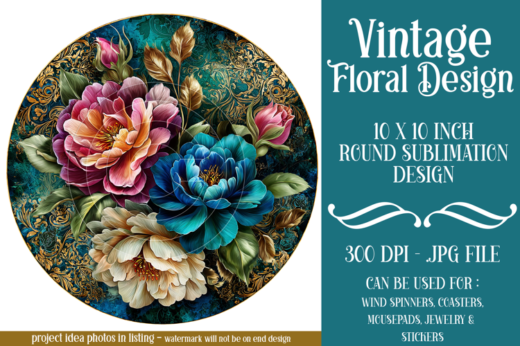 Vintage Floral Round Design, 10x10 Round Sublimation, d25