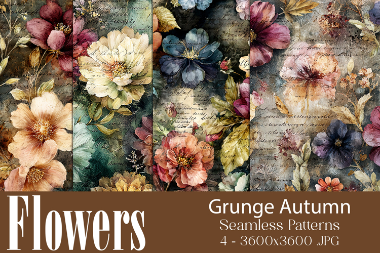 Flower Patterns, Grunge Autumn Flowers Seamless Patterns, s1