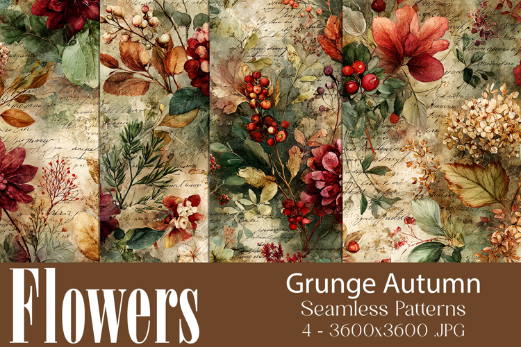 Flower Patterns, Grunge Autumn Flowers Seamless Patterns, 11
