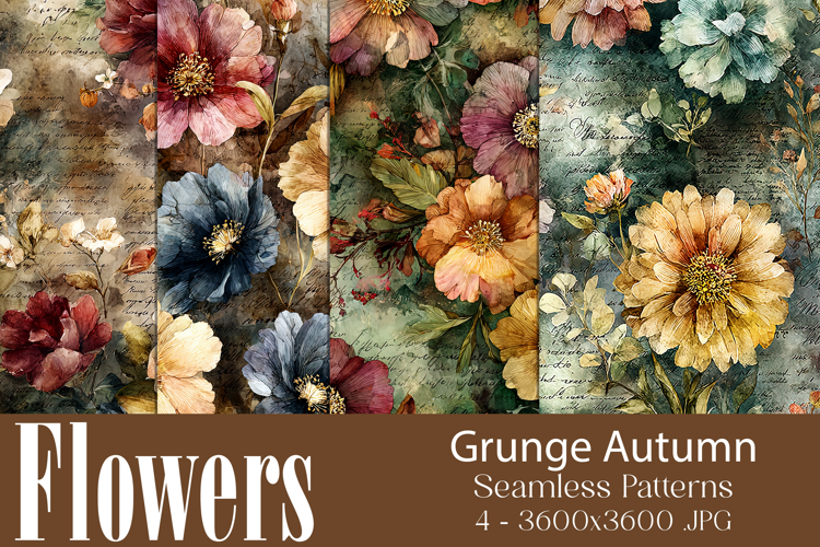Flower Patterns, Grunge Autumn Flowers Seamless Patterns, 13