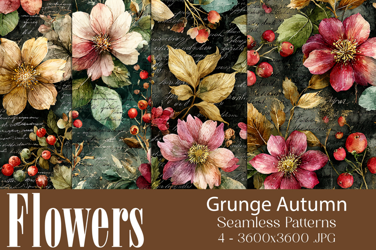 Flower Patterns, Grunge Autumn Flowers Seamless Patterns, 15