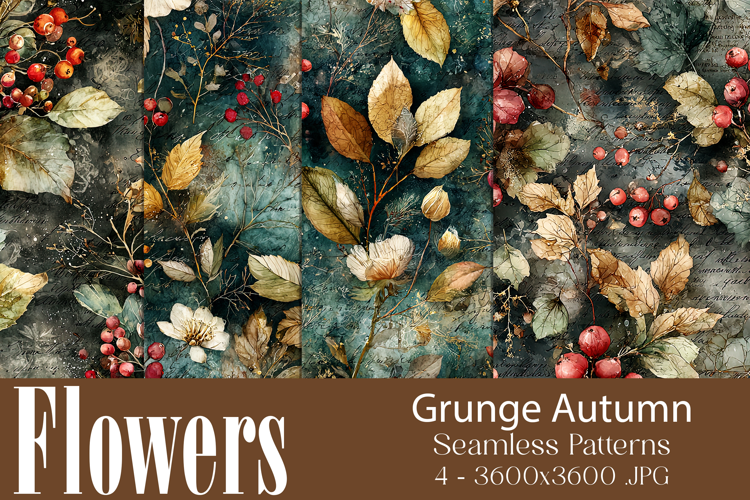 Flower Patterns, Grunge Autumn Flowers Seamless Patterns, s2