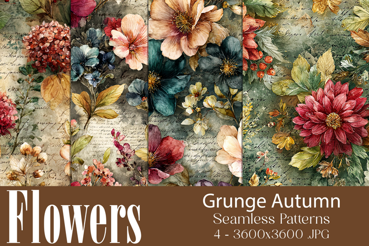 Flower Patterns, Grunge Autumn Flowers Seamless Patterns, s3