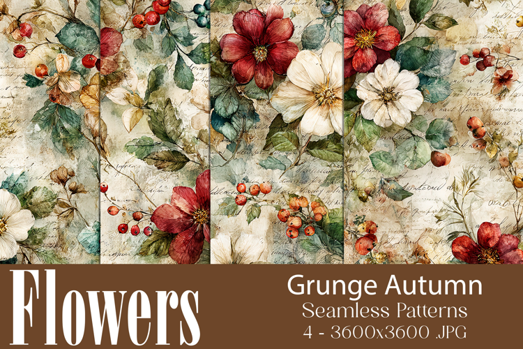 Flower Patterns, Grunge Autumn Flowers Seamless Patterns, s4