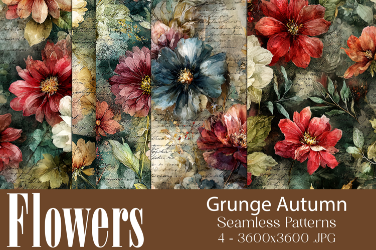 Flower Patterns, Grunge Autumn Flowers Seamless Patterns, s5