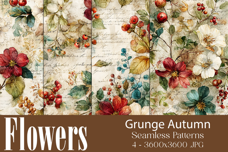 Flower Patterns, Grunge Autumn Flowers Seamless Patterns, s6
