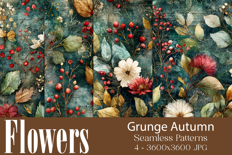 Flower Patterns, Grunge Autumn Flowers Seamless Patterns, s7