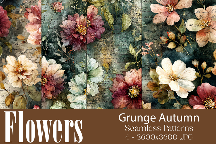 Flower Patterns, Grunge Autumn Flowers Seamless Patterns, s8