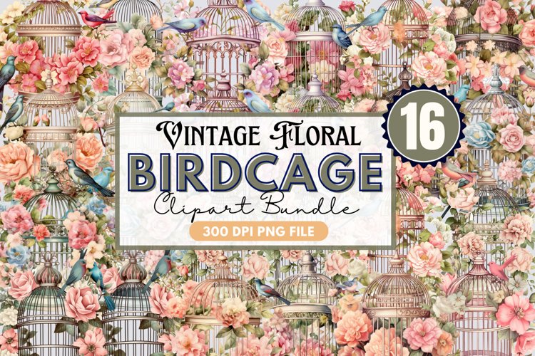 Vintage Floral Birdcage Watercolor Sublimation Clipart