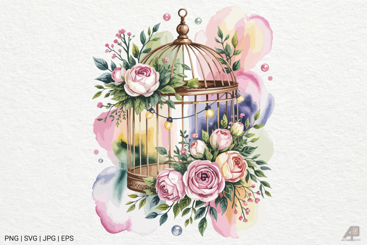 Vintage Floral Birdcage Watercolor Clipart