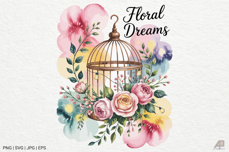Vintage Floral Birdcage Watercolor Clipart