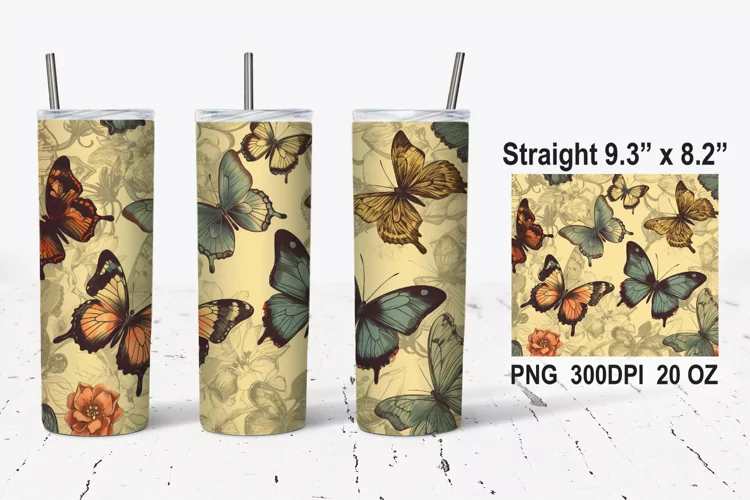 Vintage Floral Butterflies Tumbler Wrap, Butterfly Tumbler