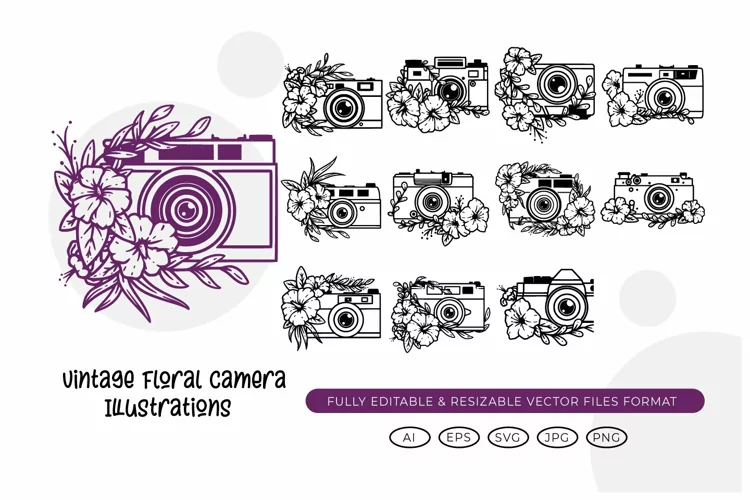 Vintage Floral Camera Illustrations