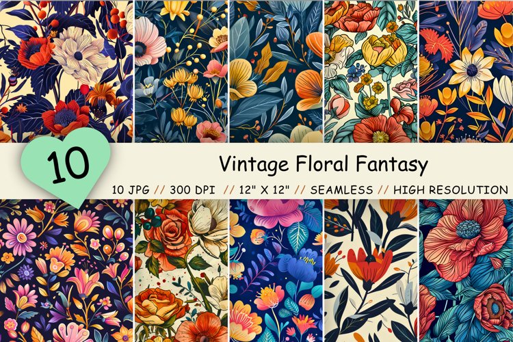 Vintage Floral Fantasy Watercolor Seamless Pattern Set