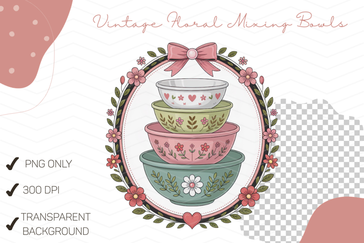 Vintage Floral Mixing Bowls Clipart