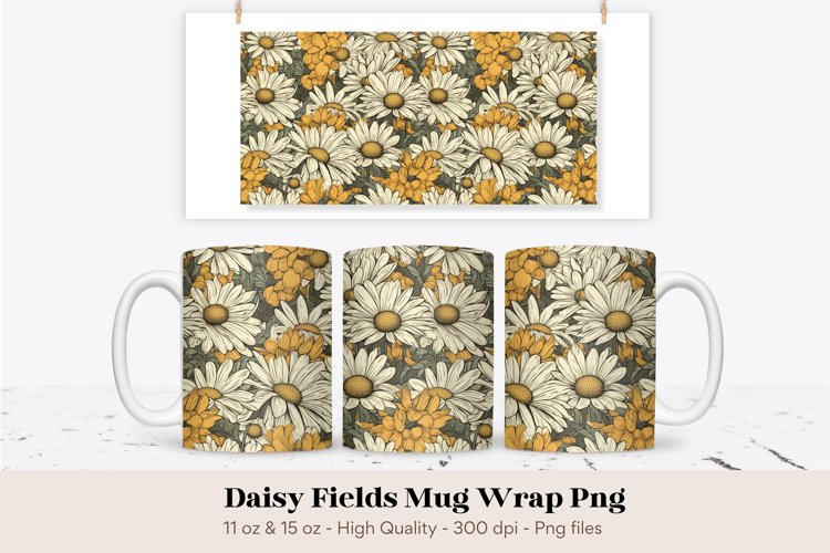 Vintage Floral Mug Wrap | Retro Daisy Mug Sublimation Design