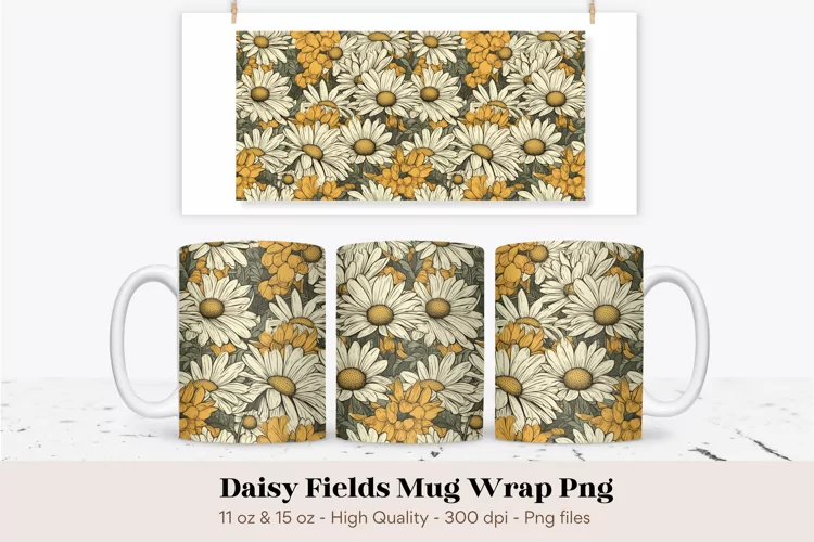 Vintage Floral Mug Wrap | Retro Daisy Mug Sublimation Design