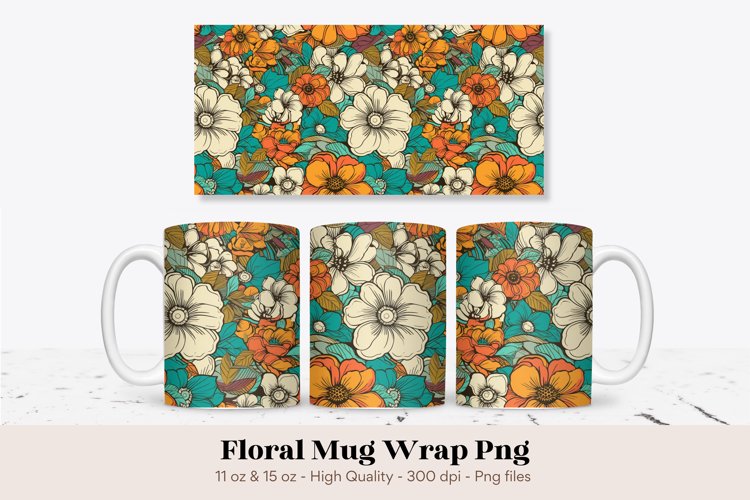 Vintage Floral Mug Wrap | Retro Flowers Mug Sublimation Wrap