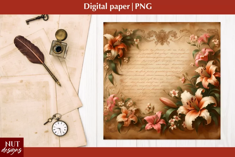Vintage Digital paper Mothers day Floral Lilies Old paper