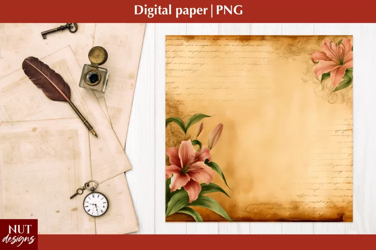 Vintage Digital paper Mothers day Lilies flowers Old paper