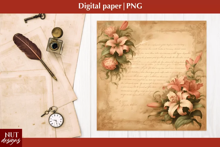Vintage Digital paper Mothers day Lily flowers Old paper