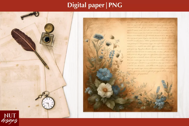 Vintage Digital paper Mothers day Blue wildflowers Old paper