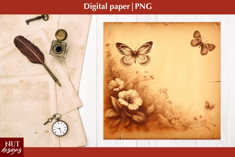 Vintage Digital paper Mothers day Butterfly floral paper